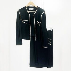 St. John Collection Marie Gray Black Knit 2-Piece Suit Set Pearl Trim Sz 10